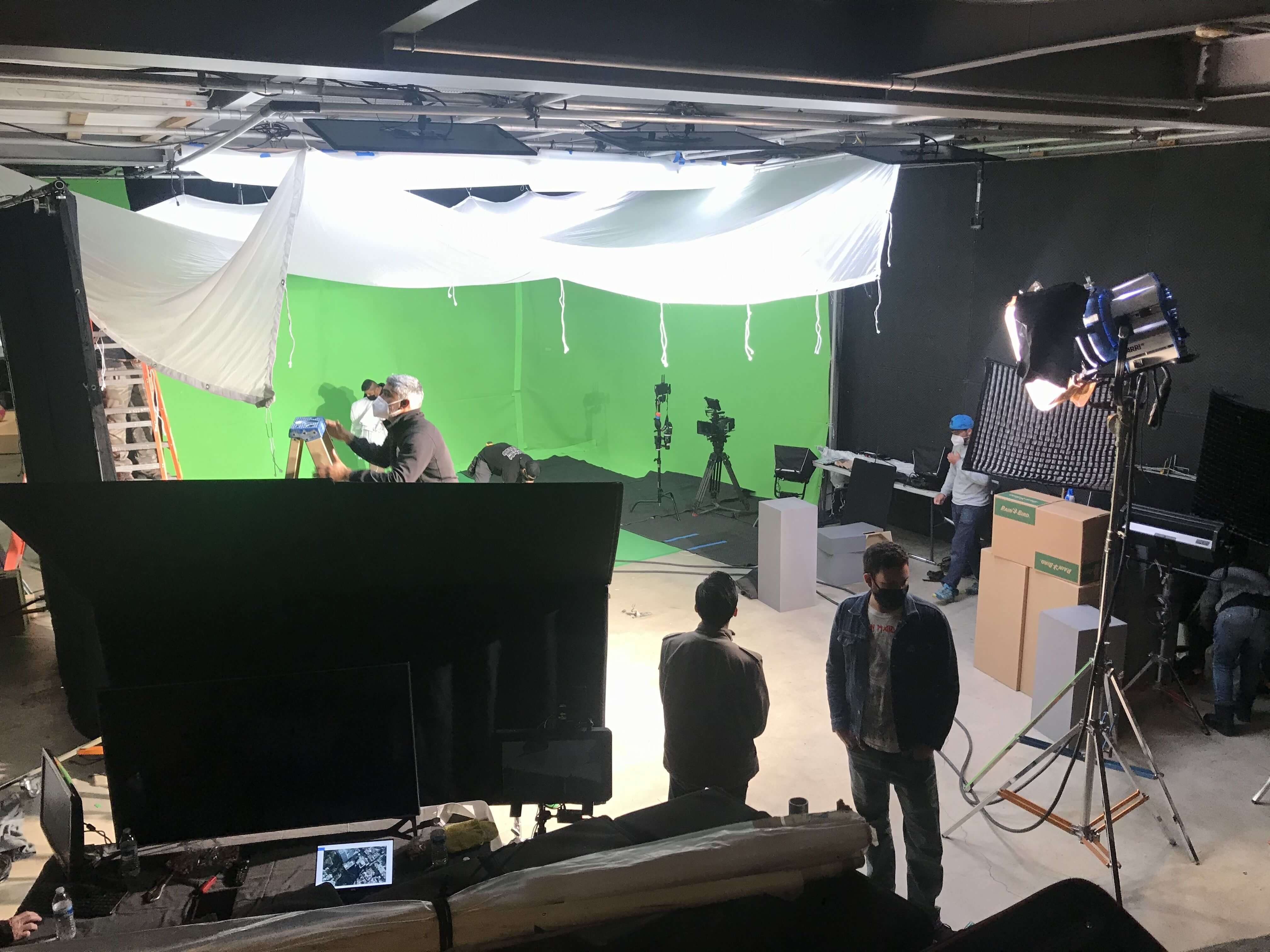 The green screen set where giants walked through buildings.